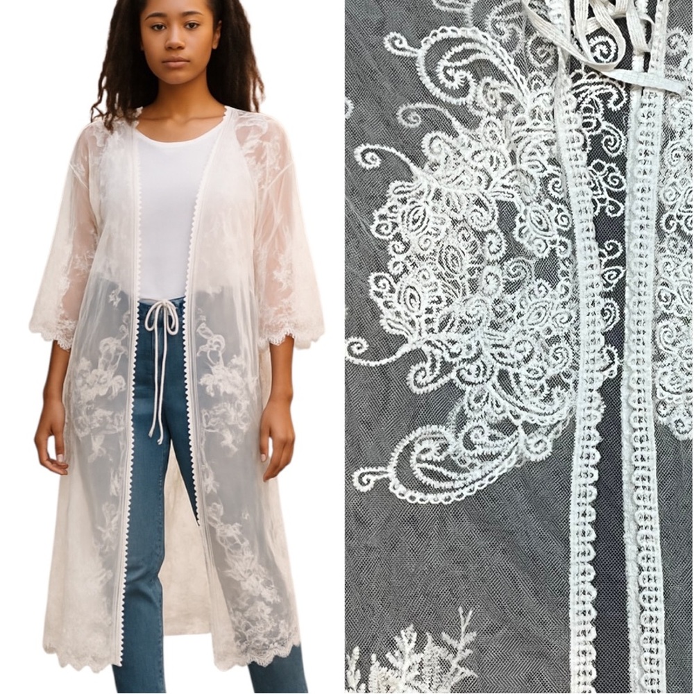 White Lace Robe Mesh Sheer Tie front Floral Y2K Fairy Baby Doll Bathrobe Duster